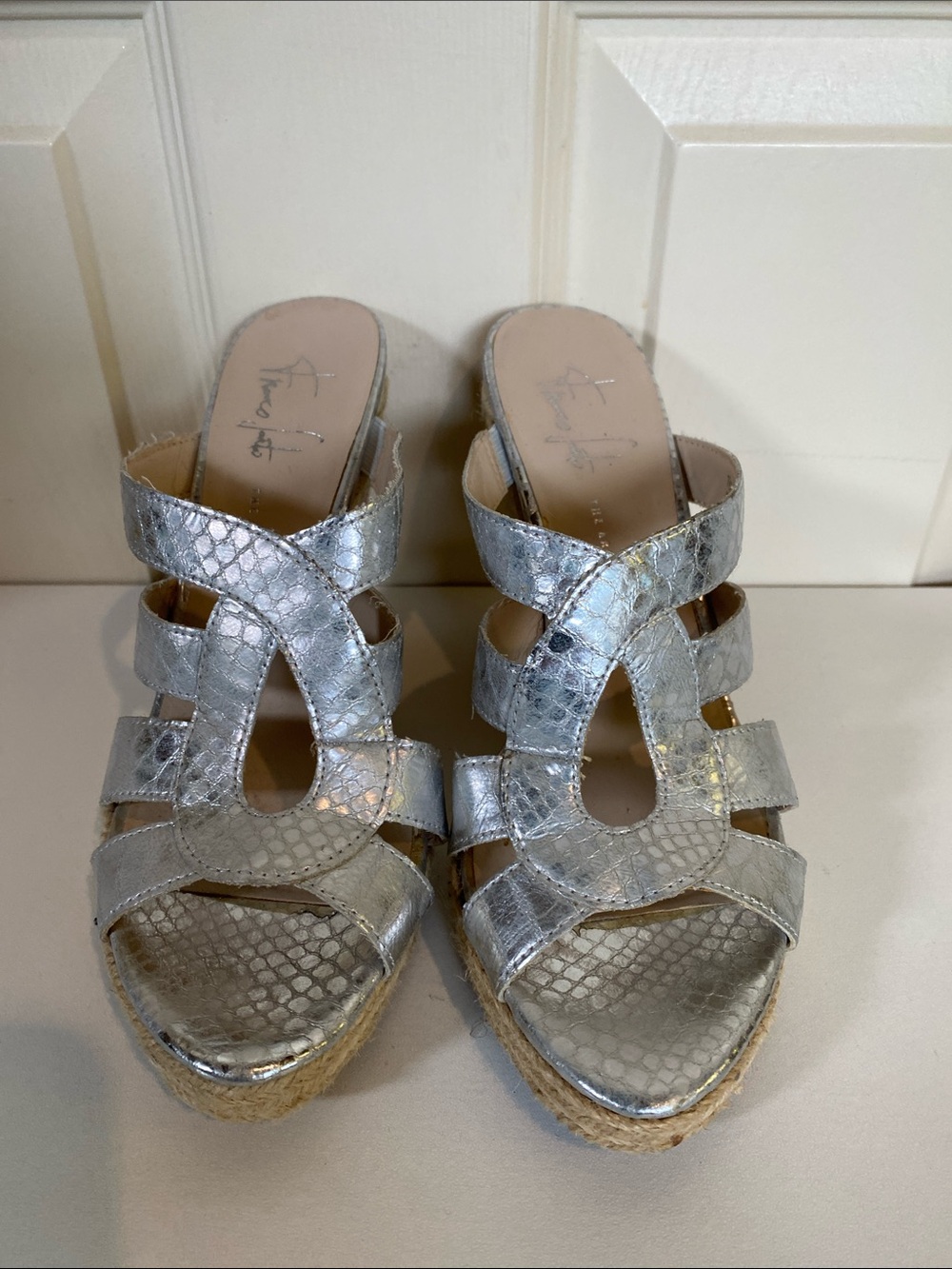 Franco Sarto Silver Textured Espadrille Wedge Sandals